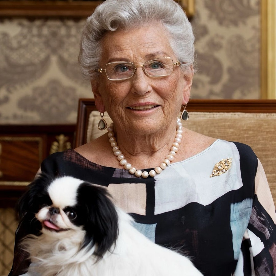 Princess Astrid smiles at the camera in a patterned dress with a pearl necklace, a small black and white dog in her lap