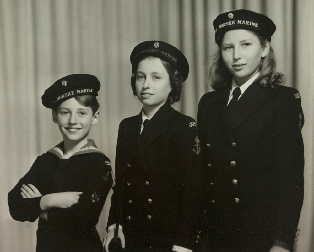 Prince Harald, Princess Ragnhild and Princess Astrid in naval uniforms, official photograph