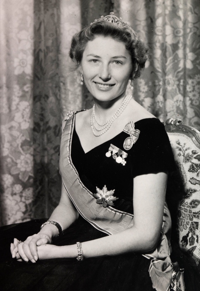 Princess Astrid in an evening gown, black and white portrait from 1958