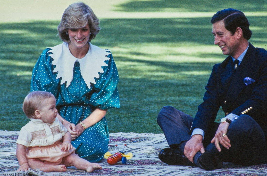 Diana og Charles sitter på et teppe i en hage med William som baby mellom seg