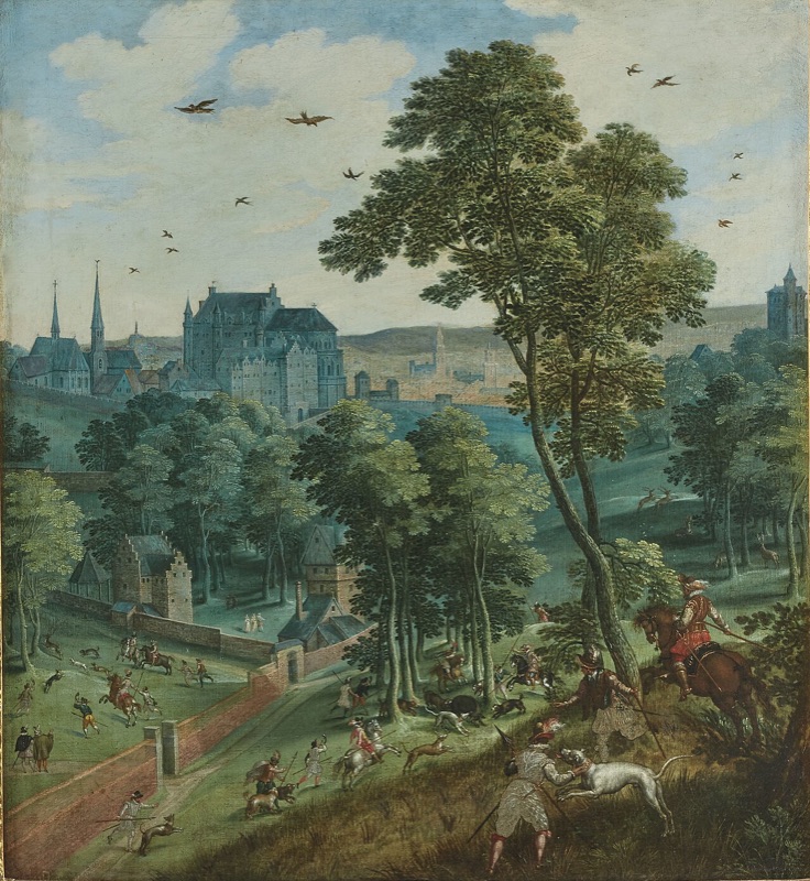 Painting from around 1620 showing the Coudenberg Palace on the hill above Brussels, with a hunt in the foreground