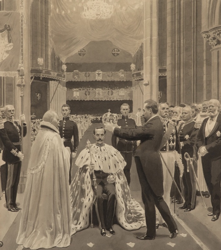 Tegning av kroningen i Nidarosdomen i 1906, der Michelsen setter kronen på kong Haakons hode