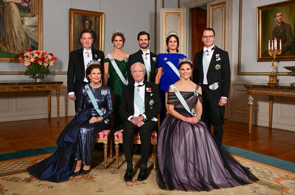 The Swedish royal family at the Royal Palace in Stockholm, with King Carl XVI Gustaf, Queen Silvia and Crown Princess Victoria seated at the front