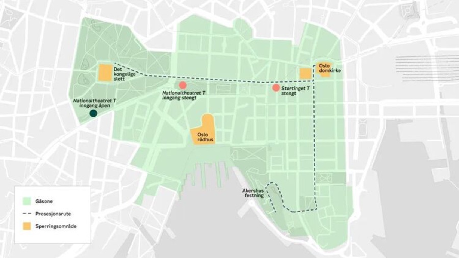Map of central Oslo showing the pedestrian zone in green, the procession route from the Palace via the cathedral to Akershus Fortress, and the closed areas