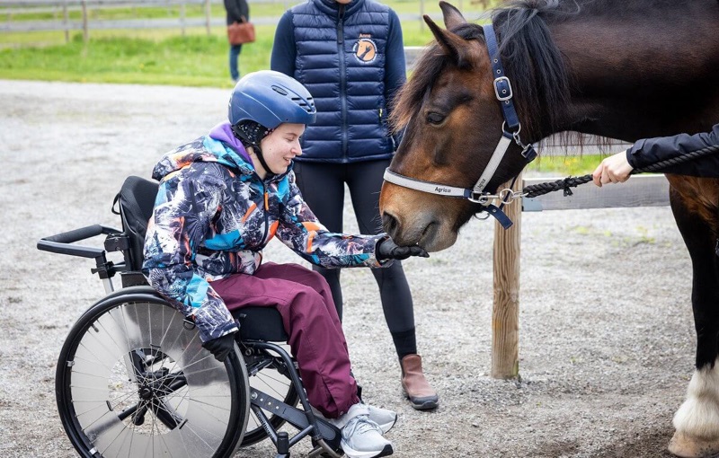 Ung deltaker i rullestol klapper en hest