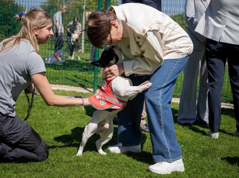 Prinsesse Stéphanie hilser på en hund